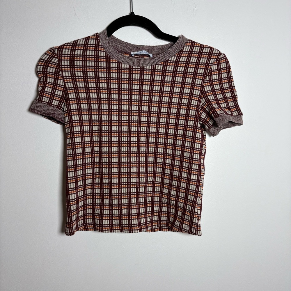 Zara Maroon, Cream & Orange Plaid Knit Short Sleeve crop Top